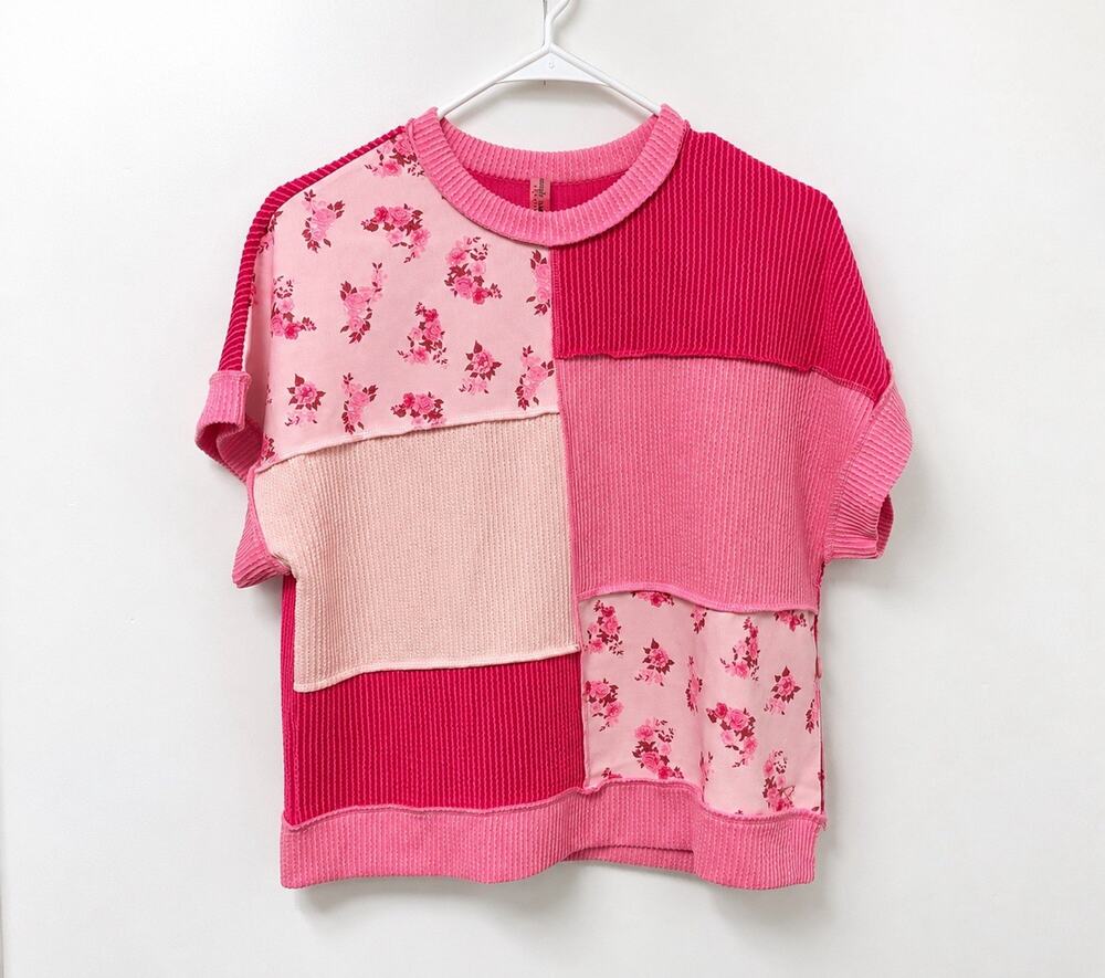 Simply Southern Pink Patchwork Floral Ribbed Top Womens M Medium NWT Preppy